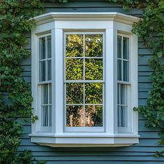 This elegant bay window features crisp white trim and is set against beautiful blue vinyl siding, creating a classic yet modern look. Surrounded by lush climbing vines, the window reflects the greenery outside, blending the home’s architecture with nature. Perfect for those seeking timeless charm with durable, low-maintenance materials for their home exterior, this design adds both character and functionality. Blue Vinyl Siding, Building Materials Architecture, Types Of Plastics, Home Exterior, Climbing Vines, Blue Vinyl, Vinyl Siding, White Trim, Bay Window