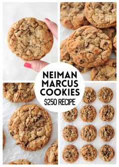 a collage of cookies with the words neiman marcus cookies $ 350 recipe