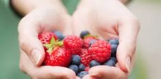 a person holding raspberries and blueberries in their hands