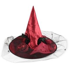 Skeleteen Classic Witch Headpiece is the ideal headwear for any woman dressing up as a cute witch Halloween. This beautiful witch hat can be worn for many style witches, a wicked one, a vintage one, a Victorian one, a creepy one, or a classy one. This hat is made of fancy Red fabric, Satin-Feel and has cool decorations on the side that include a bow with beads, a black veil with spiders hanging down, and some black feather accents. This big felt hat is made to fit most women's  heads. Skeleteen Red Novelty Hats For Halloween, Red Halloween Hat One Size Fits Most, Adjustable Red Mini Hat For Halloween, Witchy Hats For Halloween Costume Party, Witchy Adjustable Costume Accessories For Halloween, Witchy Mini Hats For Halloween Costume Party, Adjustable Witchy Halloween Costume Accessories, Witchy Mini Hats For Halloween, Red Mini Hats For Halloween Costume Party