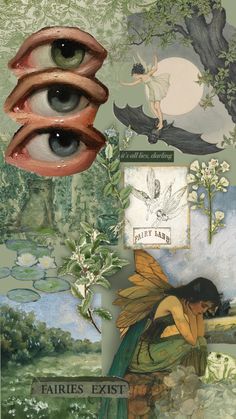 an artistic collage with many different pictures and words on it, including the eyes