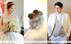 a couple in wedding clothes posing for pictures