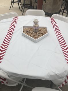 a white table topped with a bowl of dog food