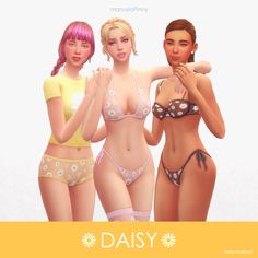 three women in bikinis standing next to each other with the words daisy on them