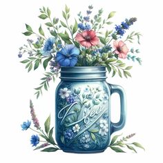 a blue mason jar with flowers in it and the word love painted on it's side