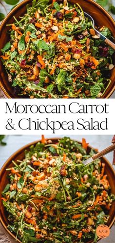 two pictures showing different types of salads with carrots and chickpea in them