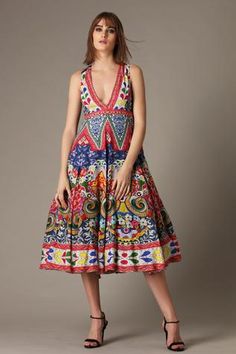 Shop for Alpona Designs Multi Color Italian Muslin Folk Print Sleeveless Dress for Women Online at Aza Fashions V Neck Sleeveless Dress, Alpona Design, Folk Print, Calf Length Dress, Types Of Work, Multicolor Dress, Fashion App, Dress For Women, Aza Fashion