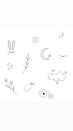 a drawing of some animals and plants on a white background with stars, clouds, and moon in the sky