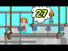 the cartoon character is standing in front of an animation screen with numbers and people on it