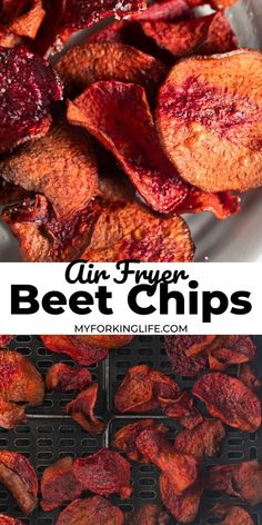 beet chips with text overlay that says gin fryer beef chips