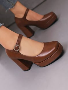 Coffee Brown Elegant Collar   Plain Mary Jane Embellished   Women Shoes Shoes Academia, Brown Mary Jane Heels, Mary Janes Heels, Cocktail Shoes, Brown Mary Janes, Zapatos Mary Jane, Plain Jane, Brown Leather Heels, Platform Block Heels