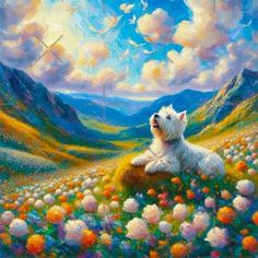 a painting of a white dog sitting in a field of flowers with mountains in the background