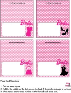 four pink and white polka doted labels with the word barbie on them, one for each