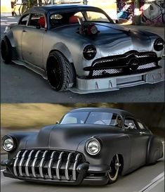 two pictures of an old car with chrome paint on the front and side, one is black