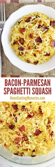 bacon parmesan spaghetti in a white bowl