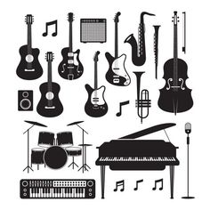 music instruments and musical instruments are shown in this black and white illustration, which is part of a set of silhouettes