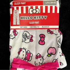 Brand New Hello Kitty With Pink Apple And Bow Sleep Pants! Women Size: L/Xl (36-42) Soft Fabric Functional Fly Relaxed Fit 100% Polyester Machine Wash Cold Only With Light Colors Tumble Dry Low Cool Iron When Needed Do Not Cry Clean Playful White Pajama Shorts For Pajama Party, Cute Stretch White Pants, Cute White Long Pants, Cute Hello Kitty Print Bottoms For Pajama Party, Hello Kitty Print Bottoms For Pajama Party, Cute Stretch Bottoms For Sleepover, Cute White Pants For Sleepover, Playful White Pants For Loungewear, White Bottoms With Elastic Waistband For Bedtime