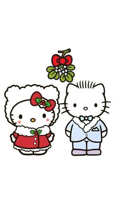 two hello kitty dolls standing next to each other in front of a white background with red flowers