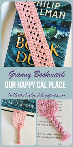 a crocheted bookmark with the words granny's happy calplace on it