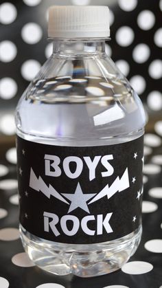 a bottle of water with the words boys rock on it