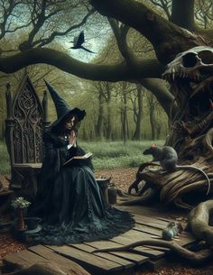 a woman sitting on a bench next to a skeleton in the woods with a book