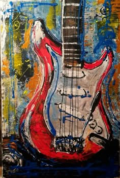 an abstract painting of a red and white electric guitar with blue, yellow, and orange colors