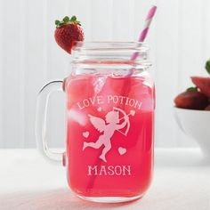 This fun personalized glass makes a great gift! Our exclusive design features the phrase "Love Potion" above a cupid shoot his arrow. We personalize the bottom with any name you choose. Color: Black. Personalized Kitchen, Love Potion, Personalized Glass, Mason Jar Mug, Mason Jar, Exclusive Designs, Mason Jars, Personalized Gifts, Great Gifts