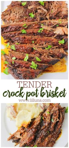 the tender crock pot roast is served with mashed potatoes and garnish