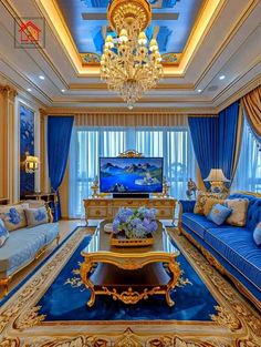 a living room filled with blue couches and a chandelier hanging from the ceiling