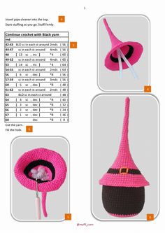 crochet pattern for a pink hat with black trim and buckles on the brim