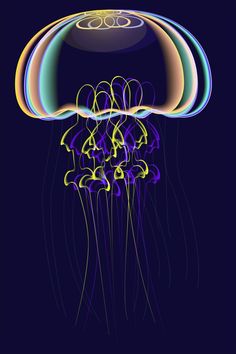 an image of a jellyfish in the ocean with blue and yellow lines on it