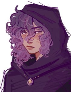 a drawing of a woman with purple hair and a hoodie over her head, looking to the side