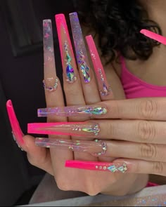 Nails With Glitter, Glow Nails, Baddie Nails, Long Square Acrylic Nails