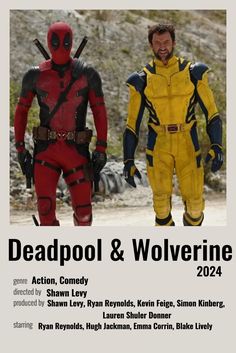 deadpool and wolverine movie poster with two men dressed in yellow and black costumes standing next to each other