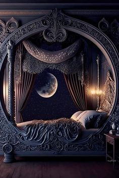 an ornate bed with curtains and a night sky in the background