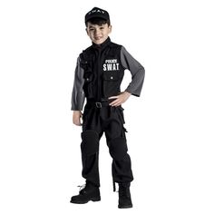 a young boy wearing a swat vest and black pants with the words swat on it