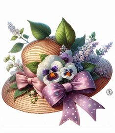 a painting of a hat with flowers and leaves on it's brimming