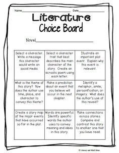 the literature choice board is shown in black and white, with text that reads literature choice board