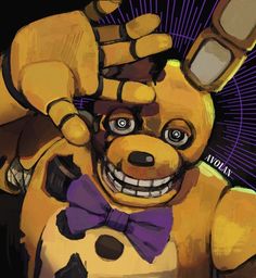 a painting of a yellow teddy bear wearing a purple bow tie and holding his hand up to the camera