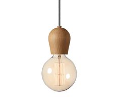 a wooden light bulb hanging from a ceiling