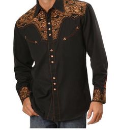 FOR SALE: NEW - Scully Men's Copper Embroidered Gunfighter Shirt -- Size Medium, without TAG. Scully western wear is perfect for distinguished western men! #Western #Mensfashion #Mensshirt #shirt #westernwear Western Men, Western Shirts, Western Wear, Western Fashion, Vintage Men, Long Sleeve Blouse, Mens Accessories