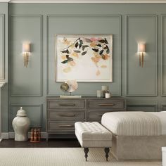 a bedroom scene with focus on the bed, dresser and painting hanging above it's headboard