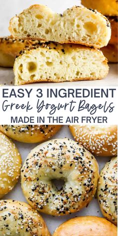 bagels made in the air fryer with text overlay that reads easy 3 ingredient greek yogurt bagels made in the air fryer