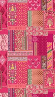 pink and red fabric with different patterns on it