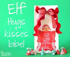 an elf holding a sign with hers and kisses on it next to candy candies