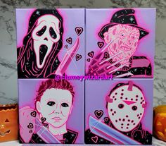 three paintings of halloween characters painted on purple and pink canvases, with pumpkins in the background