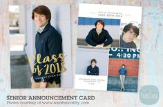 the senior graduation announcement card has photos of two men in blue jackets and one is wearing a black jacket