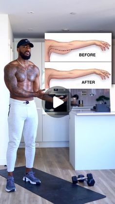 a man standing on a yoga mat in front of a kitchen