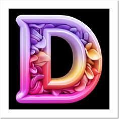 the letter d is made up of colorful flowers and leaves in pink, yellow, purple, and orange