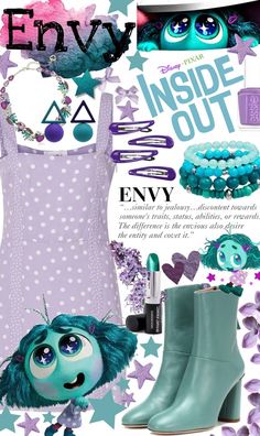 the inside out costume is shown with accessories and items in purple, blue, and green